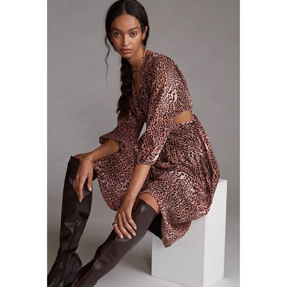 NWT ANTHROPOLOGIE Ranna Hill Floral Leopard Print Cut Out Midi Dress Size XS - Picture 1 of 16
